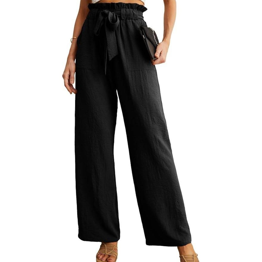 MSRP $26 IWOLLENCE Women's M Black High Waist Palazzo Pants Adjustable Knot